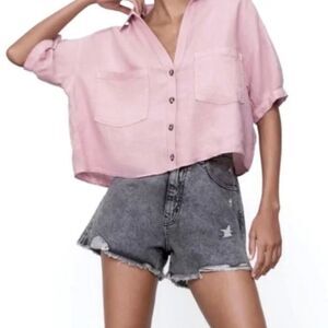 Zara Pink linen button up boxy crop blouse, pockets, XS